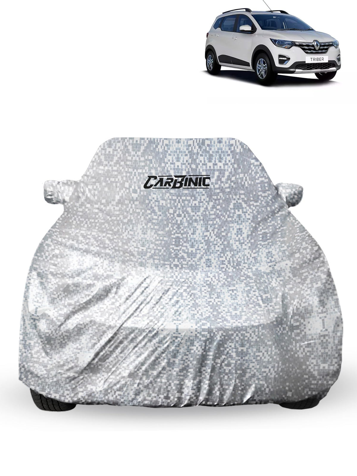 CARBINIC Car Cover for Renault Triber2019 Waterproof (Tested) and Dustproof Custom Fit UV Heat Resistant Outdoor Protection with Triple Stitched Fully Elastic Surface | Silver with Pockets