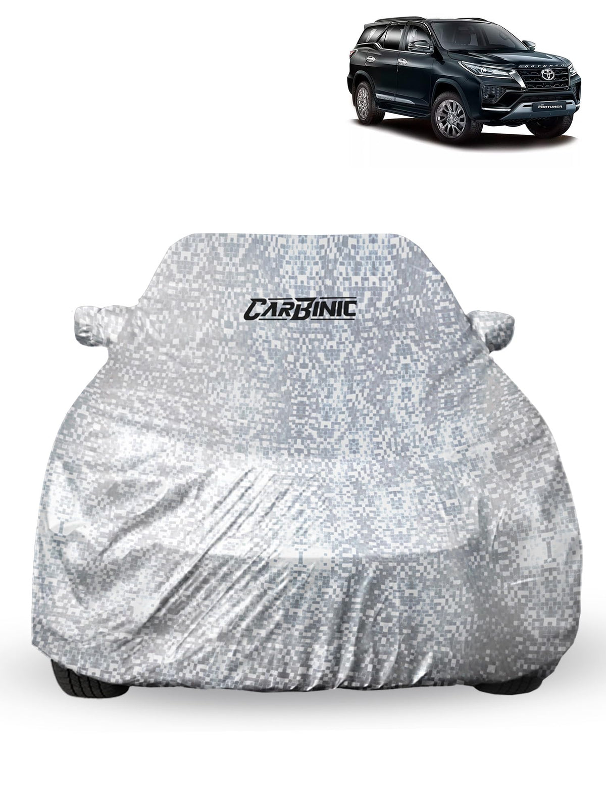 CARBINIC Car Cover for Toyota Fortuner2022 Waterproof (Tested) and Dustproof Custom Fit UV Heat Resistant Outdoor Protection with Triple Stitched Fully Elastic Surface | Silver with Pockets