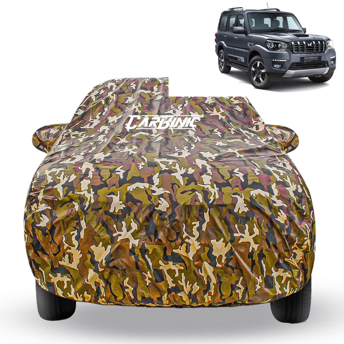 CARBINIC Car Cover for Mahindra Scorpio N 2022 Waterproof (Tested) and Dustproof Custom Fit UV Heat Resistant Outdoor Protection with Triple Stitched Fully Elastic Surface (Jungle)